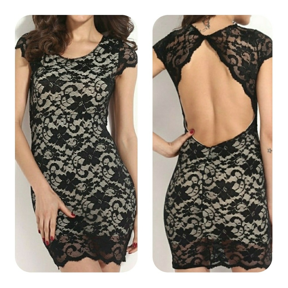 Black Lace Backless Bodycon Dress with Lining - Picture 1 of 8